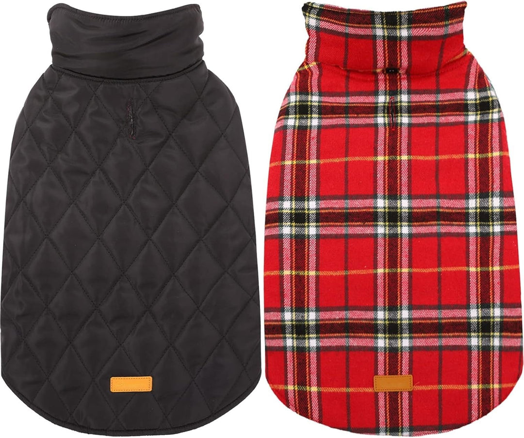 Cozy British check dog coat, reversible & waterproof, perfect for winter walks.