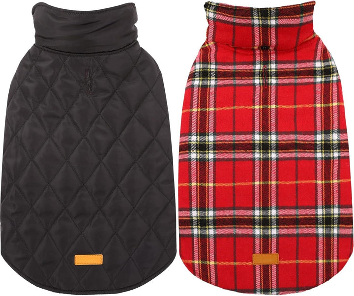 Cozy British check dog coat, reversible & waterproof, perfect for winter walks.