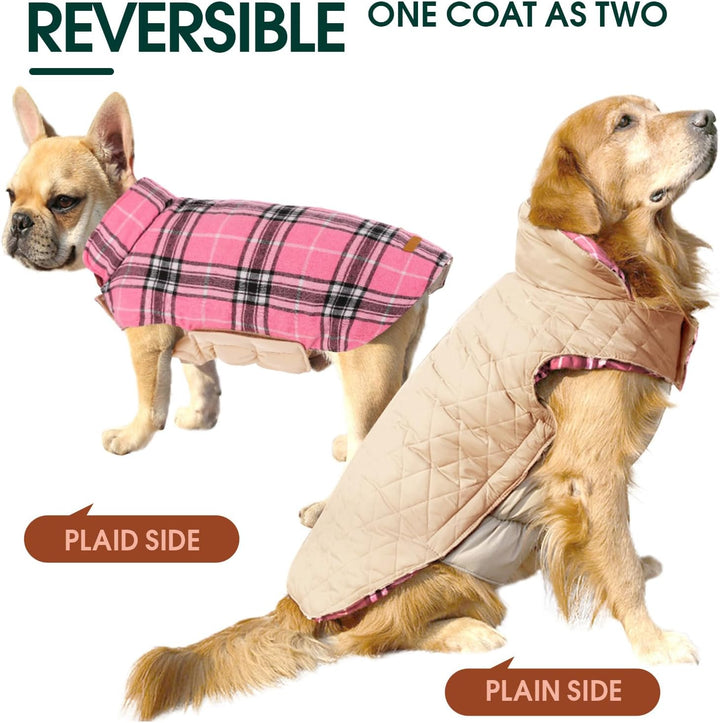 Quality reversible dog coat, British check, waterproof, ideal for chilly days.