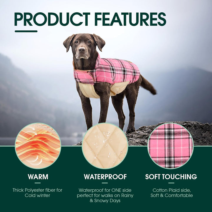 Cozy & waterproof reversible dog coat in a stylish British check pattern for winter.