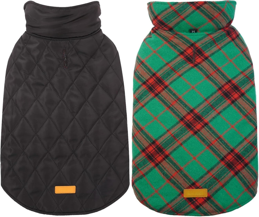 Waterproof dog coat with reversible British check pattern, ideal for cold weather.