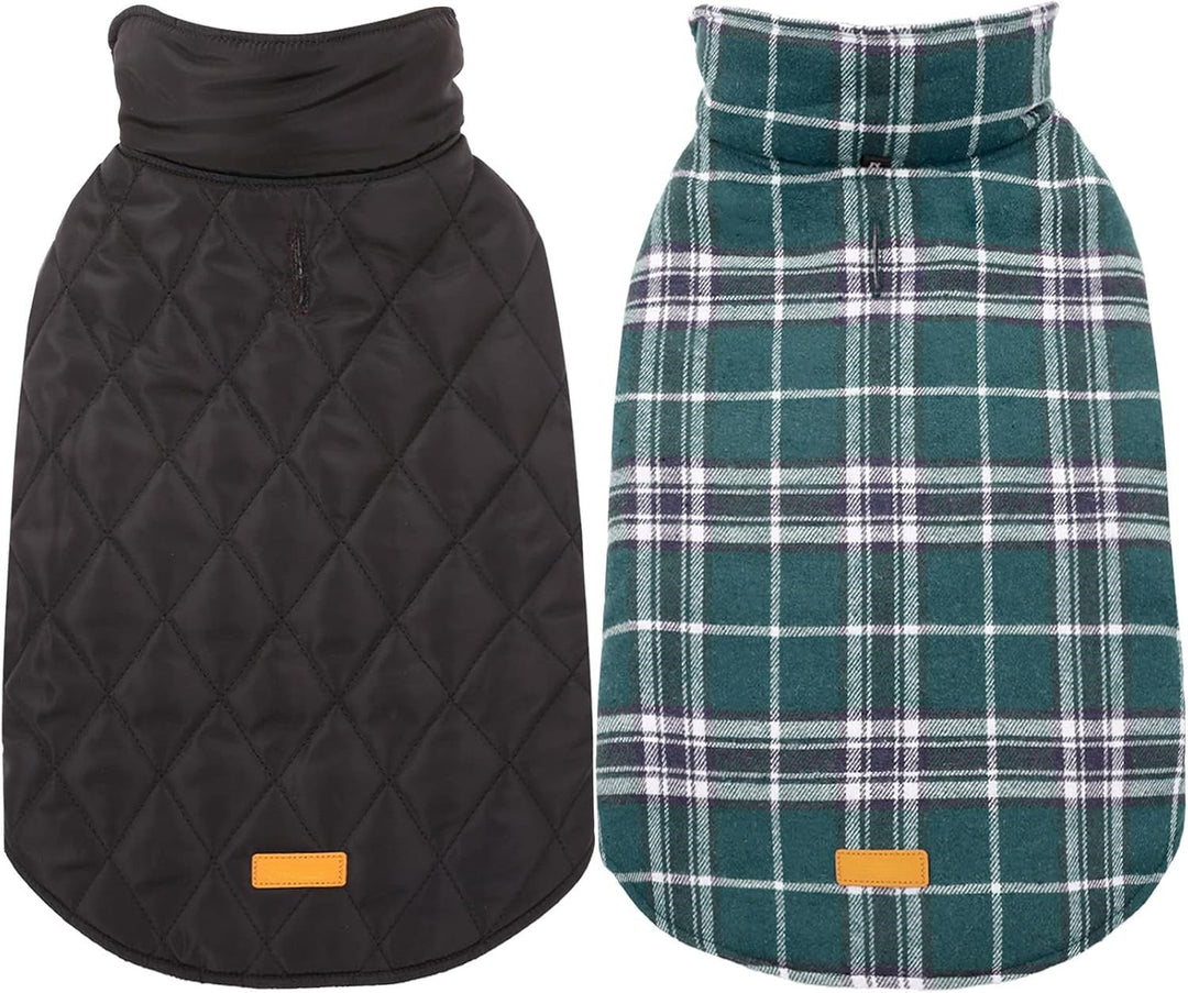 Stylish reversible dog jacket, British check & solid color, waterproof winter wear.