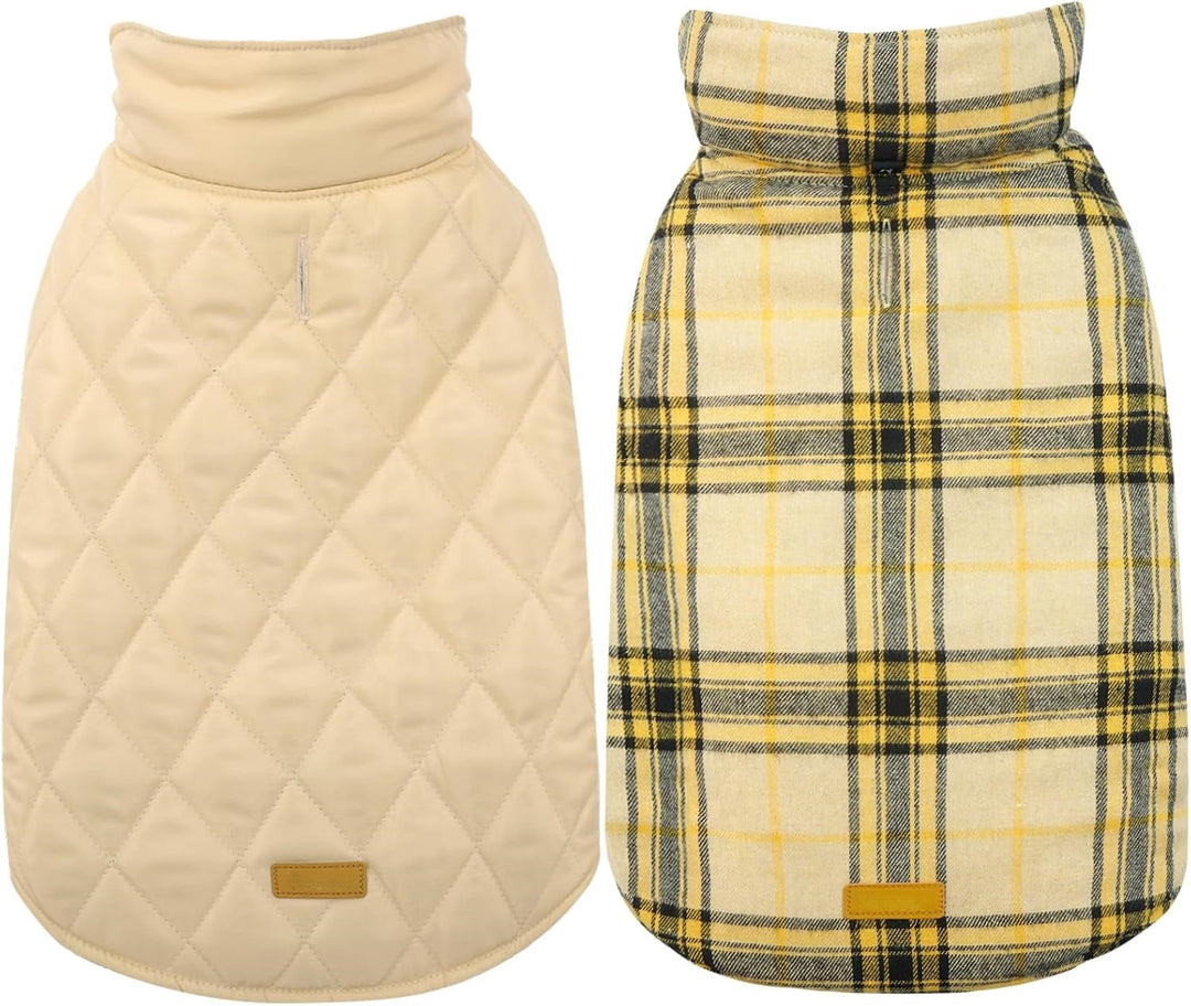 Winter dog jacket: Reversible British check, waterproof & warm for all dog sizes.