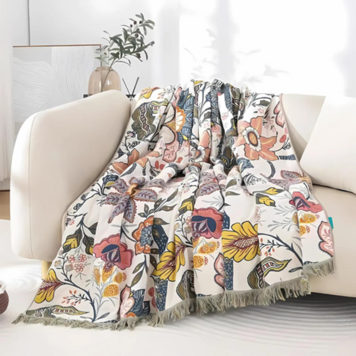Reversible floral decorative blanket with tassels, cotton blend throw for sofa or bed, home decor