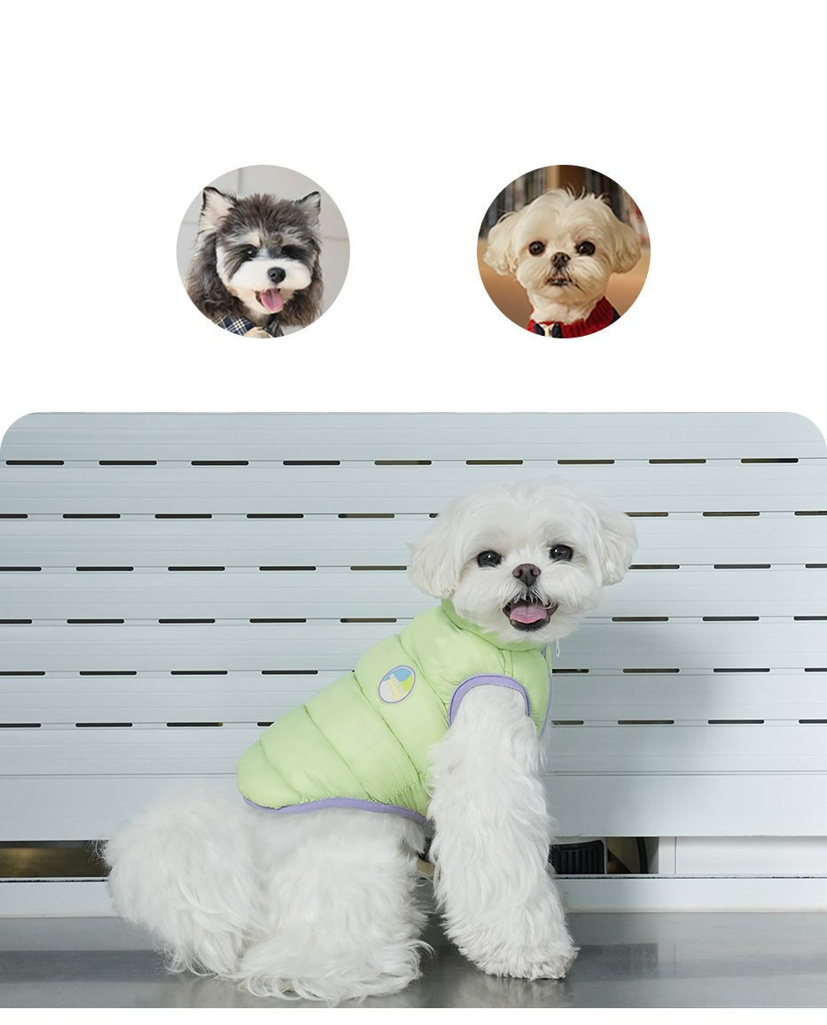 Winter pet jacket, reversible design for dogs and cats, blue side facing out, comfy