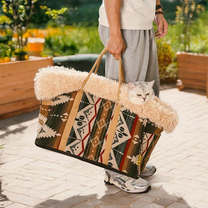 Unisex pet accessory: a reversible carrier and all-season dog bed, perfect for indie boho loving pet owners.