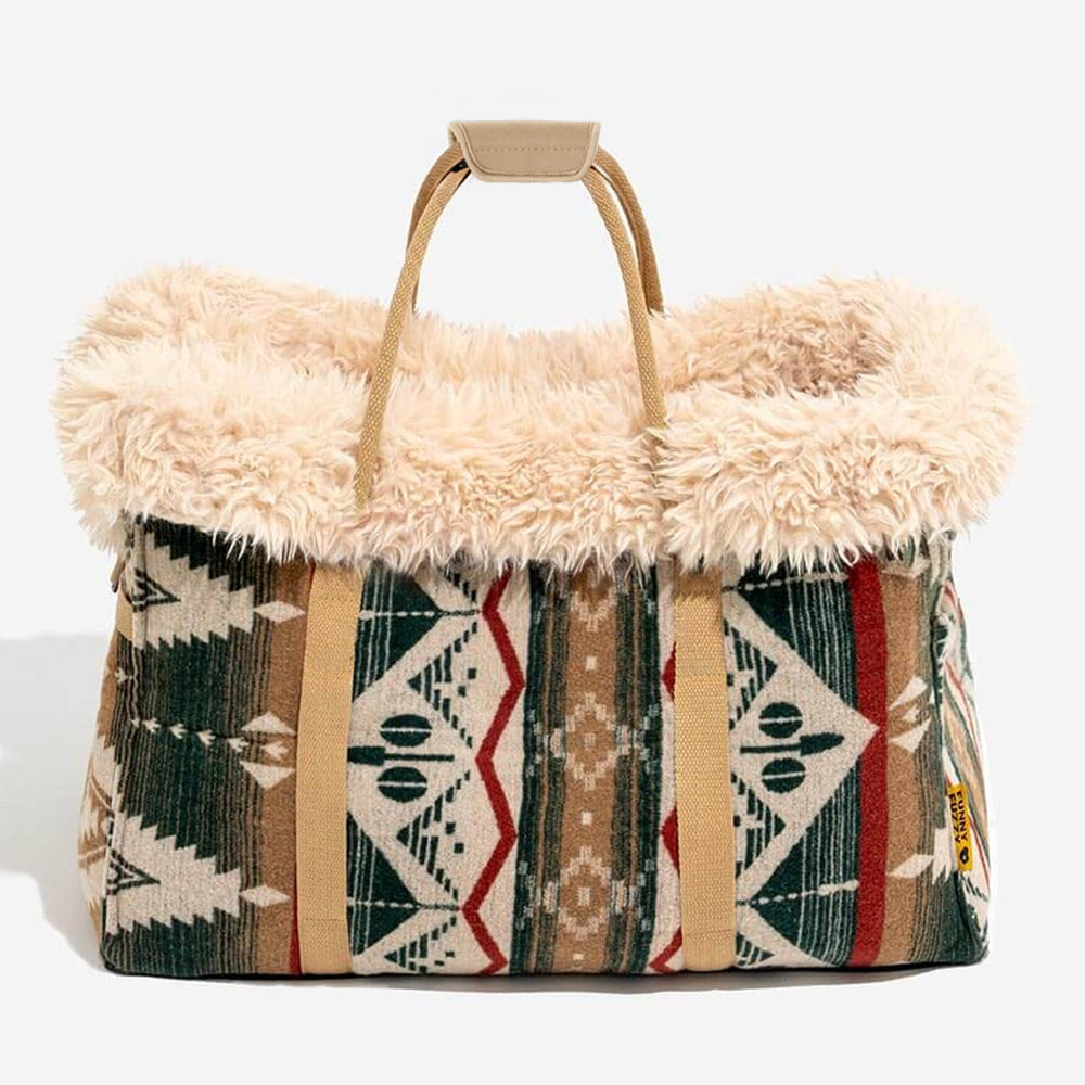 Reversible pet carrier with handles, displaying its indie boho print as an all-season dog and cat snuggle bed.