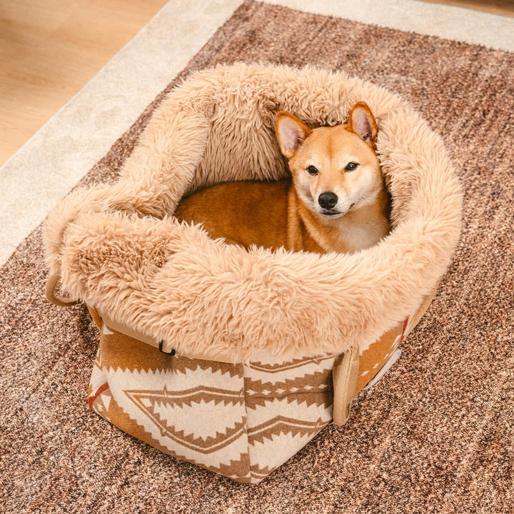 Indie boho reversible pet carrier, doubles as an all-season dog and cat bed, ideal for traveling pets.