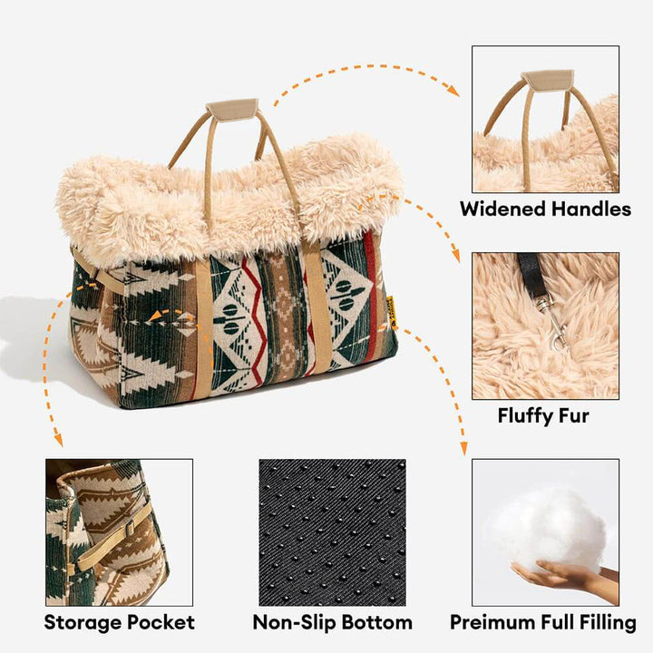Portable pet carrier with reversible design, an all-season dog snuggle bed for comfortable and stylish pet travel.
