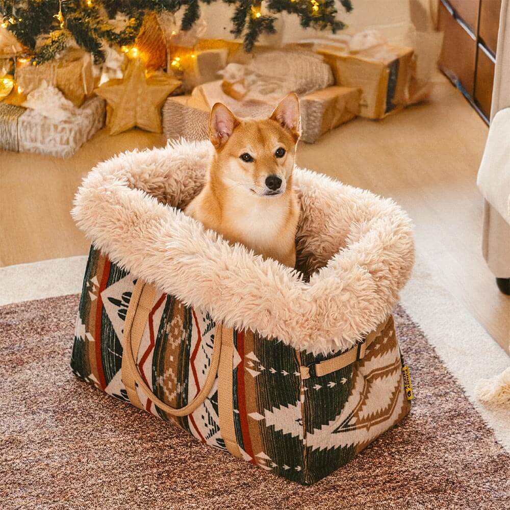 Stylish indie boho pet carrier for dogs and cats, functions as a reversible all-season pet bed for travel.