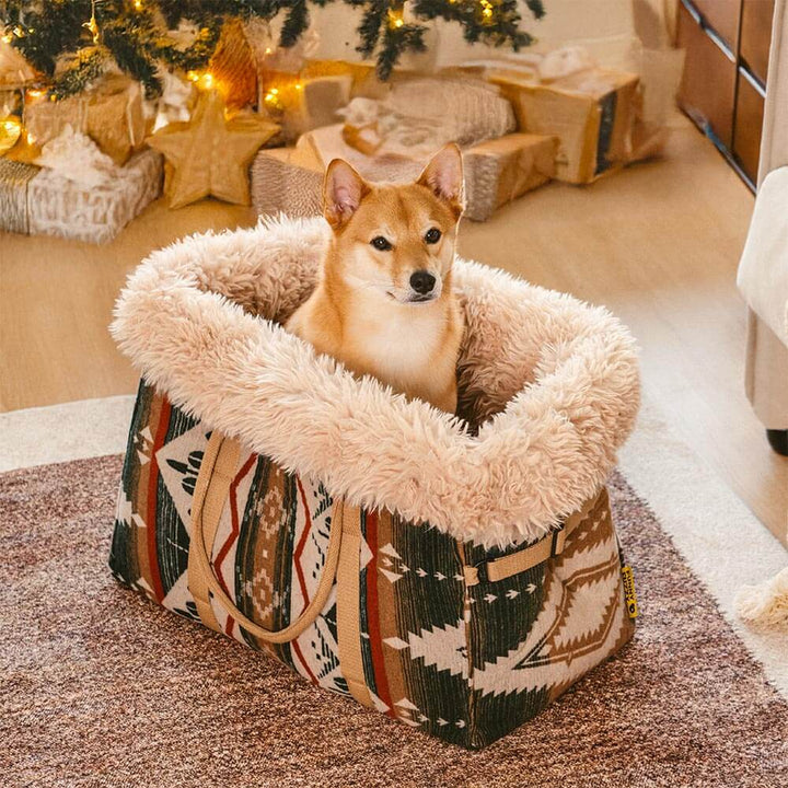 Stylish indie boho pet carrier for dogs and cats, functions as a reversible all-season pet bed for travel.