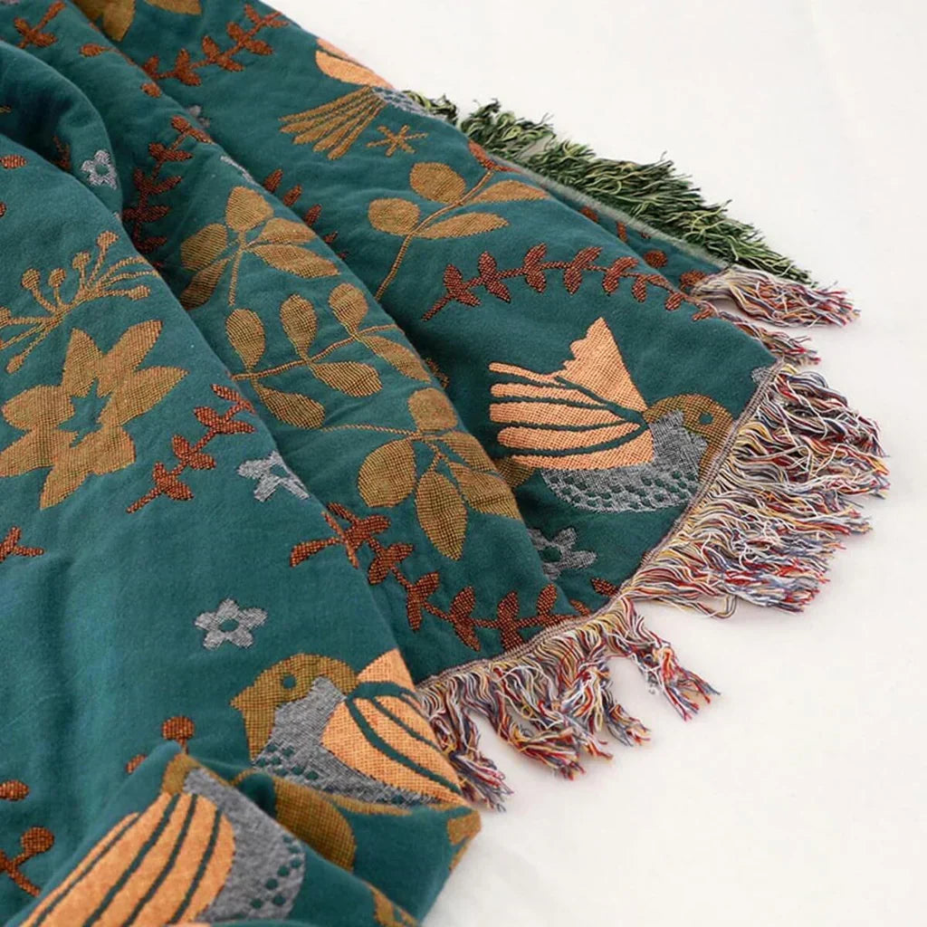 Soft cotton reversible blanket, Scandinavian bird pattern accent throw for modern home decor and comfort.