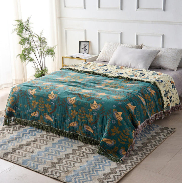 Close-up of a new reversible throw blanket with intricate Scandinavian bird and geometric patterns.