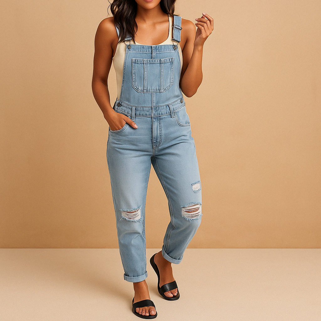 Stylish women's ripped denim overall for an edgy casual outfit. Features distressed denim and a comfortable jumpsuit design.