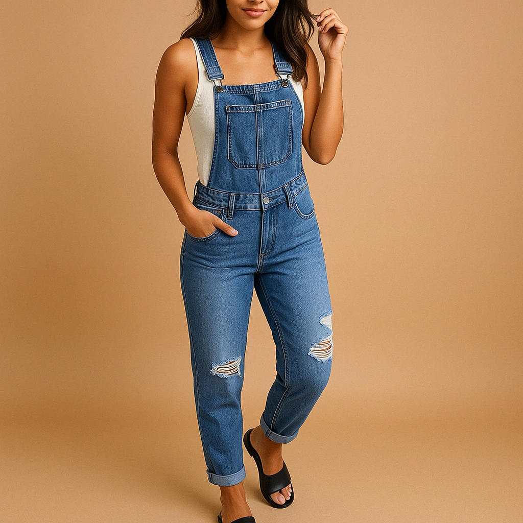 Edgy women's ripped denim overall jumpsuit, perfect for casual wear. Features distressed detailing and comfortable fit.