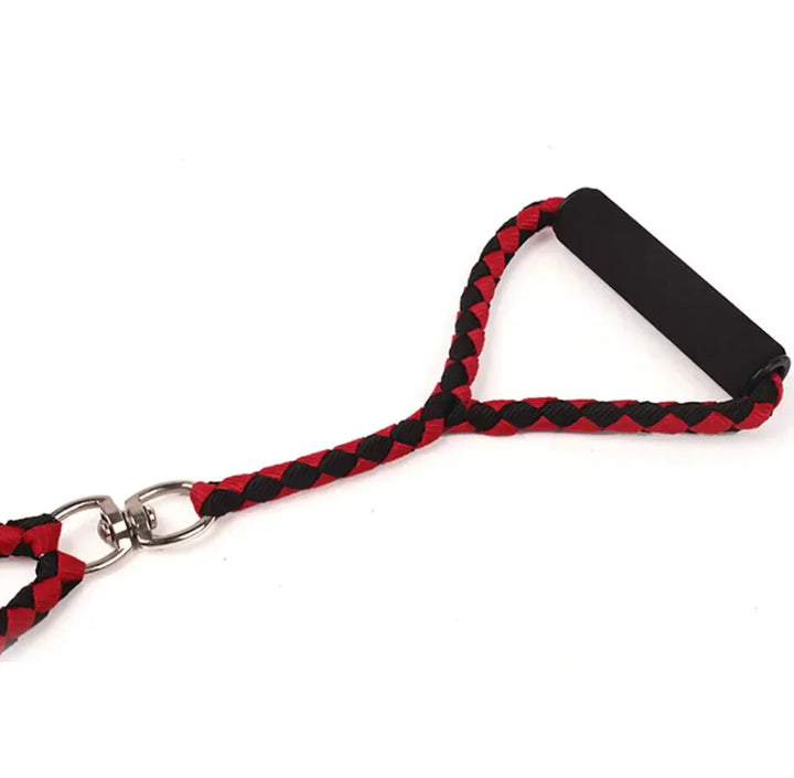 Durable dual dog leash in black check pattern, designed for walking two dogs safely