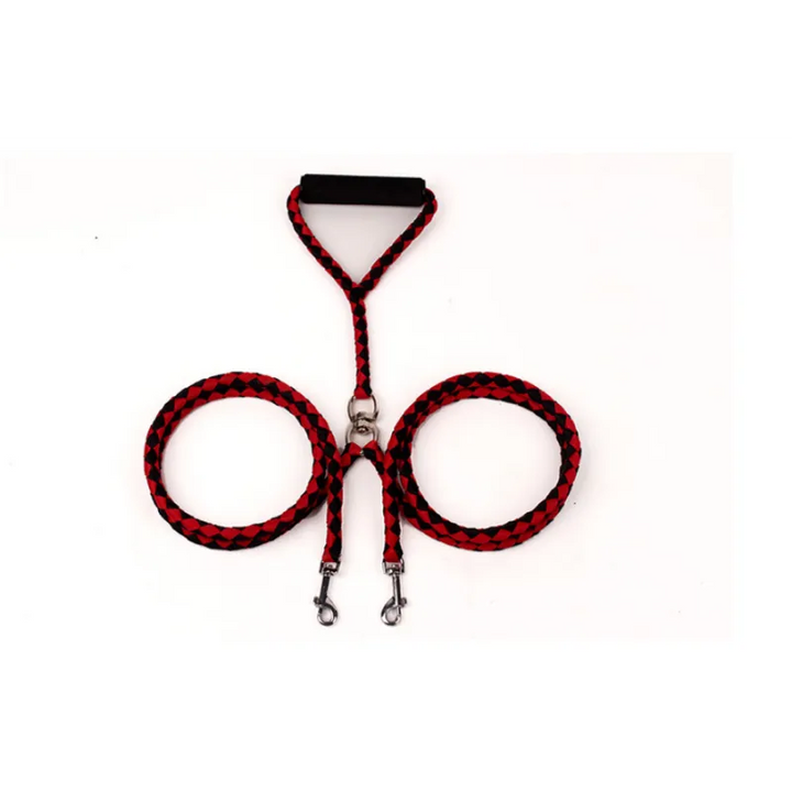 Black check pattern dual dog leash, robust and reliable pet accessory for double dog walks