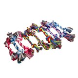 Colorful puppy rope toy with fringes, designed for supervised chewing and play.