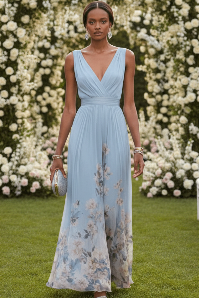 Romantic floral maxi dress for women, perfect for summer days, vacation, and elegant occasions.