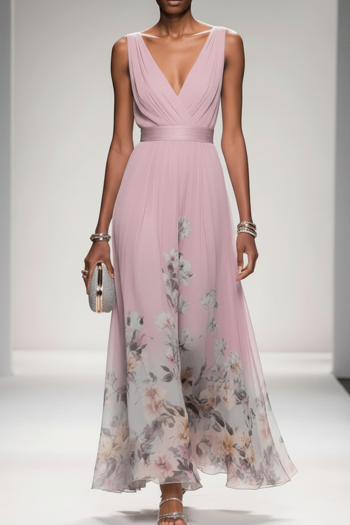 Romantic women's long floral dress, ideal for summer, featuring a comfortable flowy design.