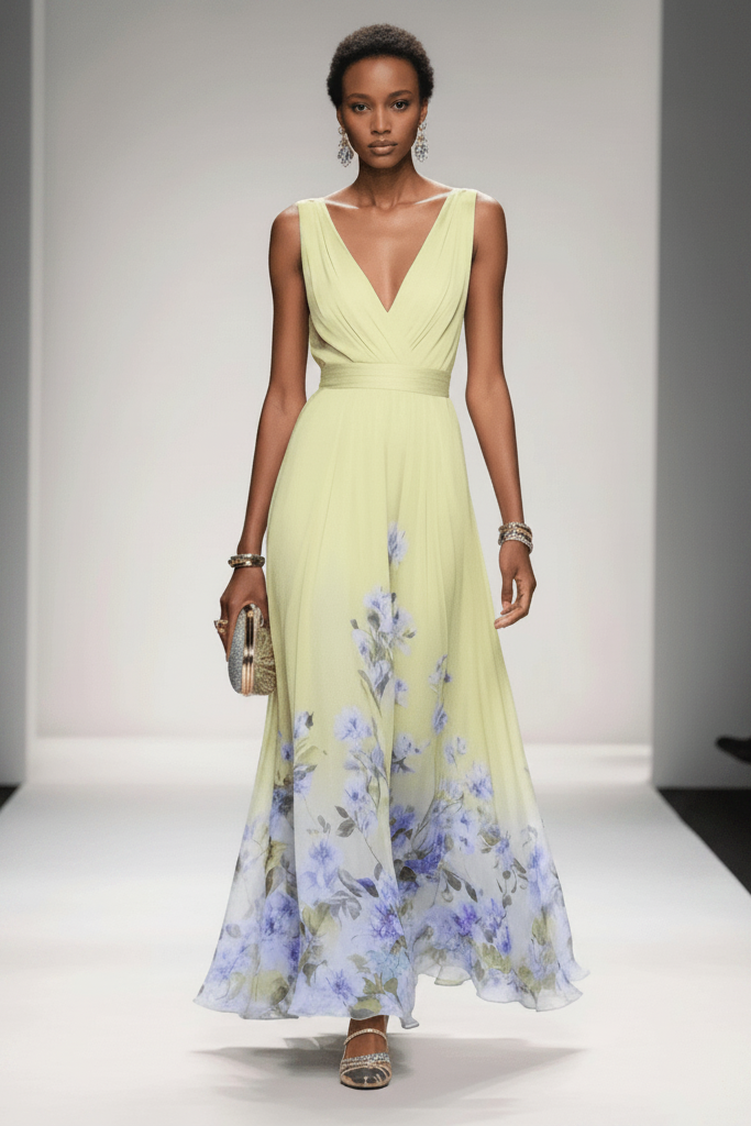 Elegant women's floral maxi dress, perfect as a party dress or a sophisticated day dress.