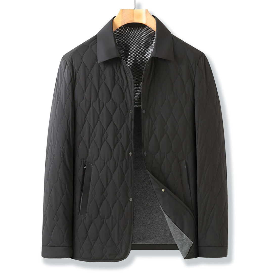 Classic men's quilted button-down jacket, a timeless collared piece for sophisticated casual fashion.
