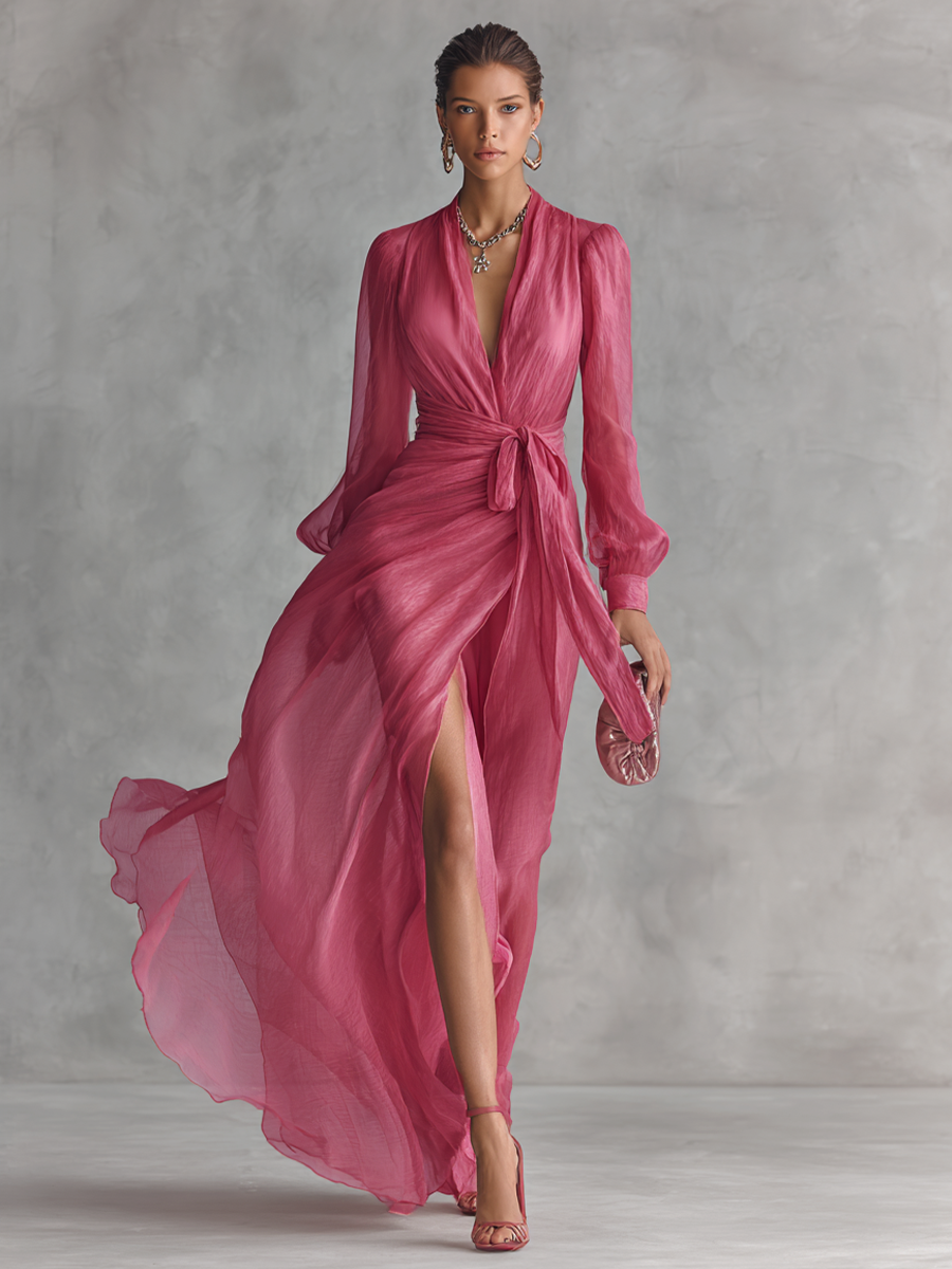 Elegant women's rose pink V-neck maxi dress with tie-waist. Ideal for formal events, evening parties, and summer gatherings.