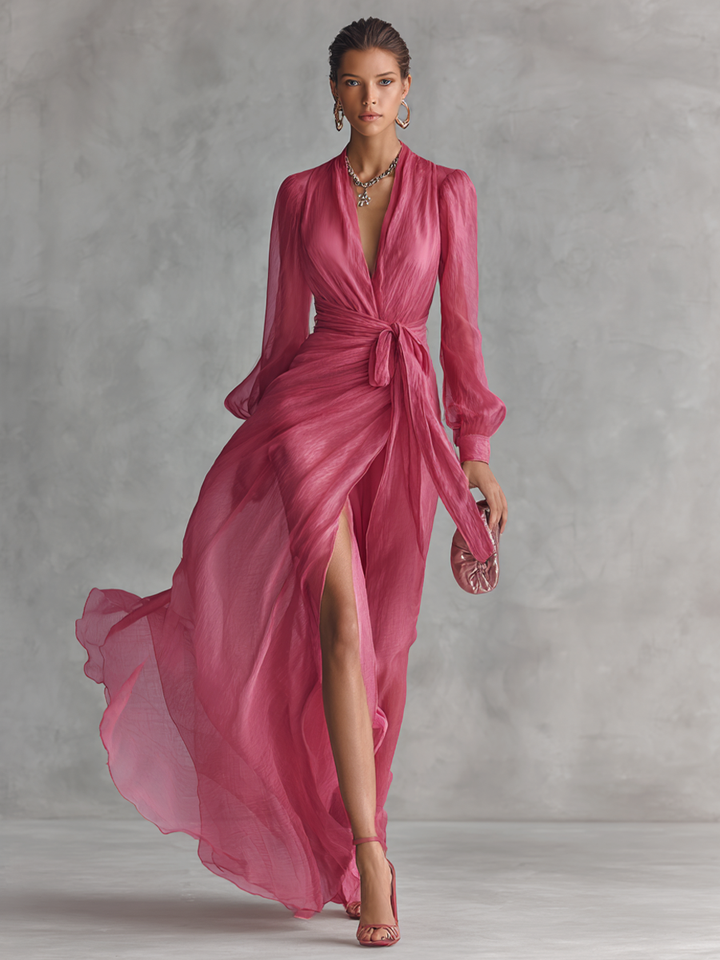 Elegant women's rose pink V-neck maxi dress with tie-waist. Ideal for formal events, evening parties, and summer gatherings.