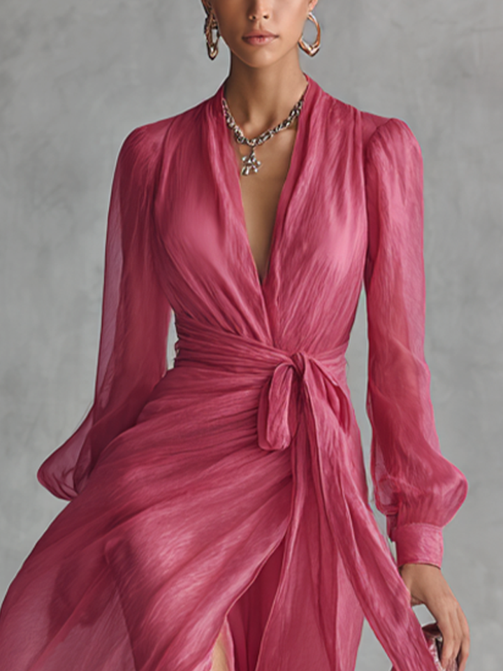 Flowy V-neck tie-waist maxi dress in rose pink. Chic women's attire for special occasions, evening wear, and spring events.