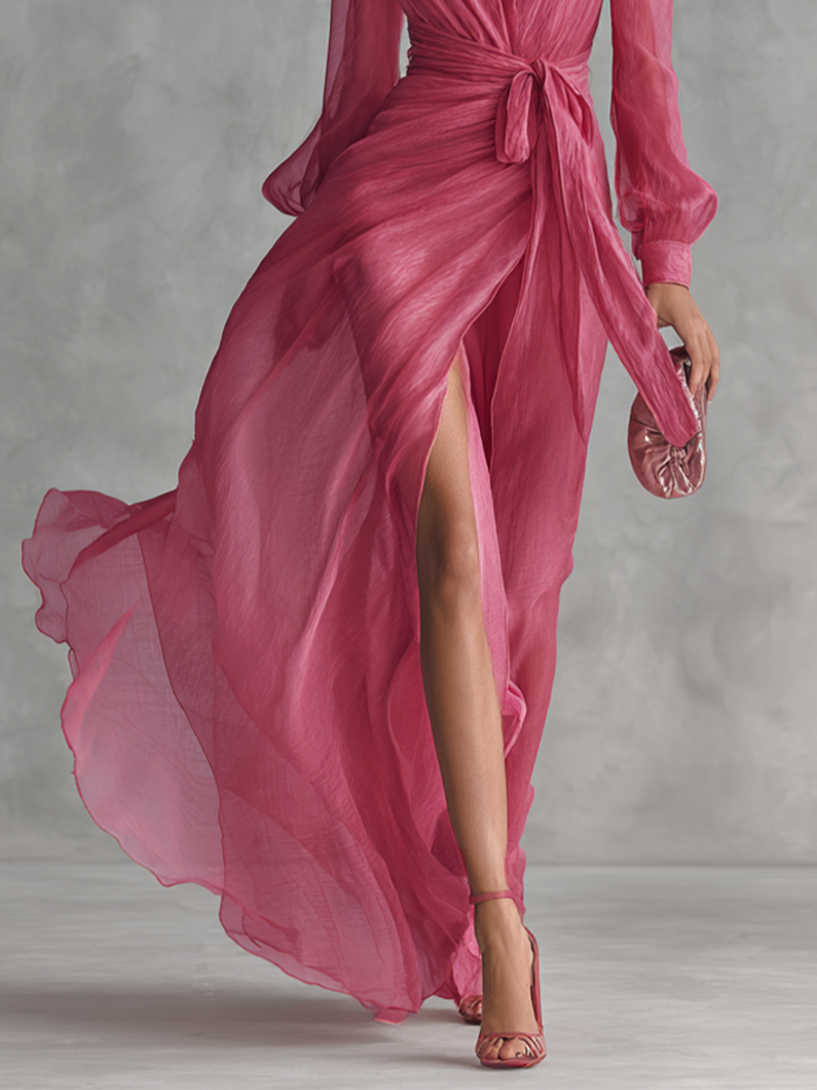 Women's formal rose pink maxi dress. Features a stylish V-neck and a flattering tie-waist. Great for elegant evening parties.