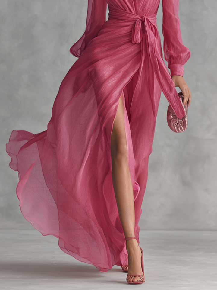 Women's formal rose pink maxi dress. Features a stylish V-neck and a flattering tie-waist. Great for elegant evening parties.
