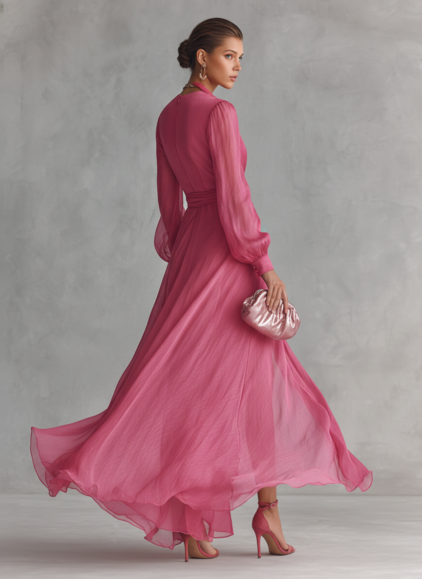Stunning rose pink V-neck tie-waist maxi dress. An elegant flowy women's dress perfect for special occasions & evening events.
