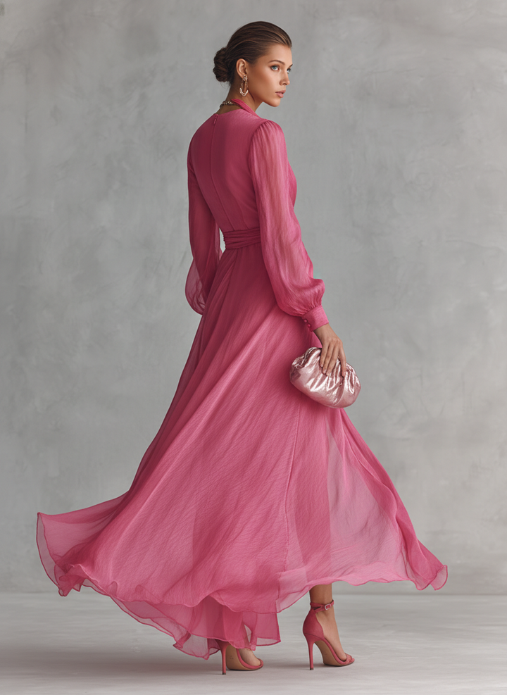 Stunning rose pink V-neck tie-waist maxi dress. An elegant flowy women's dress perfect for special occasions & evening events.