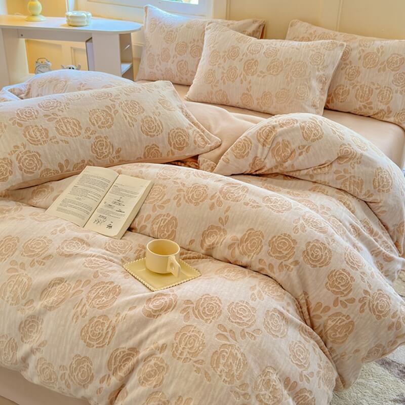 Rose velvet carved design duvet cover set, plush comfort bedding for elegant bedroom decor.