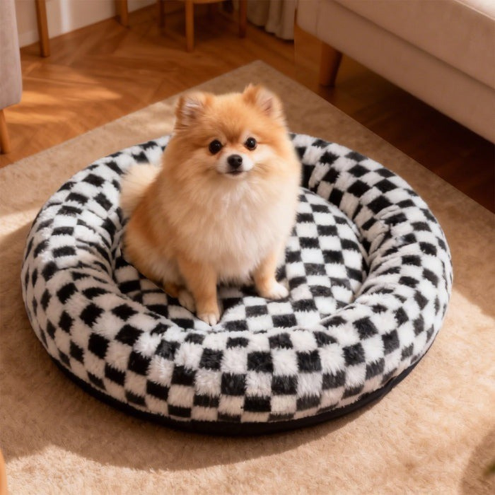 Round calming pet bed for dogs & cats, soft plush sherpa, washable