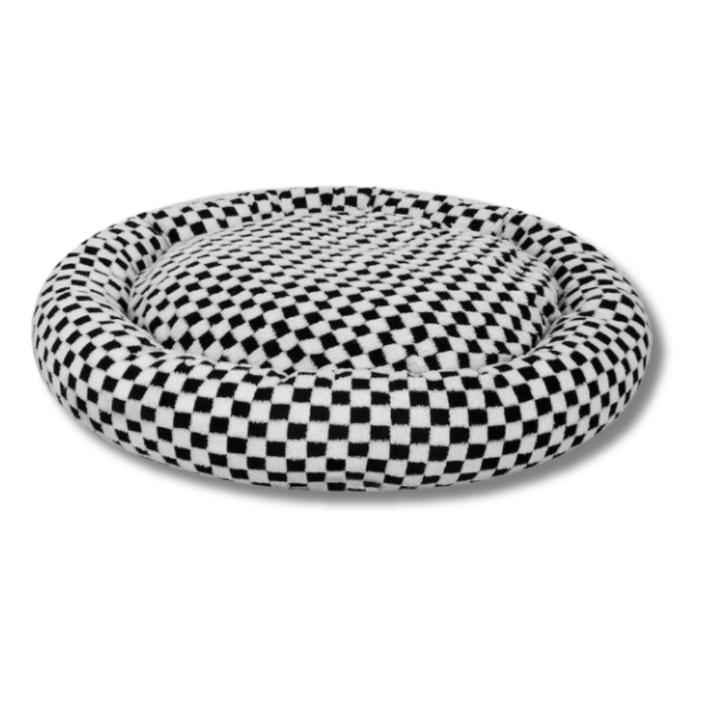 Washable plush round dog and cat bed, calming design in soft sherpa fabric