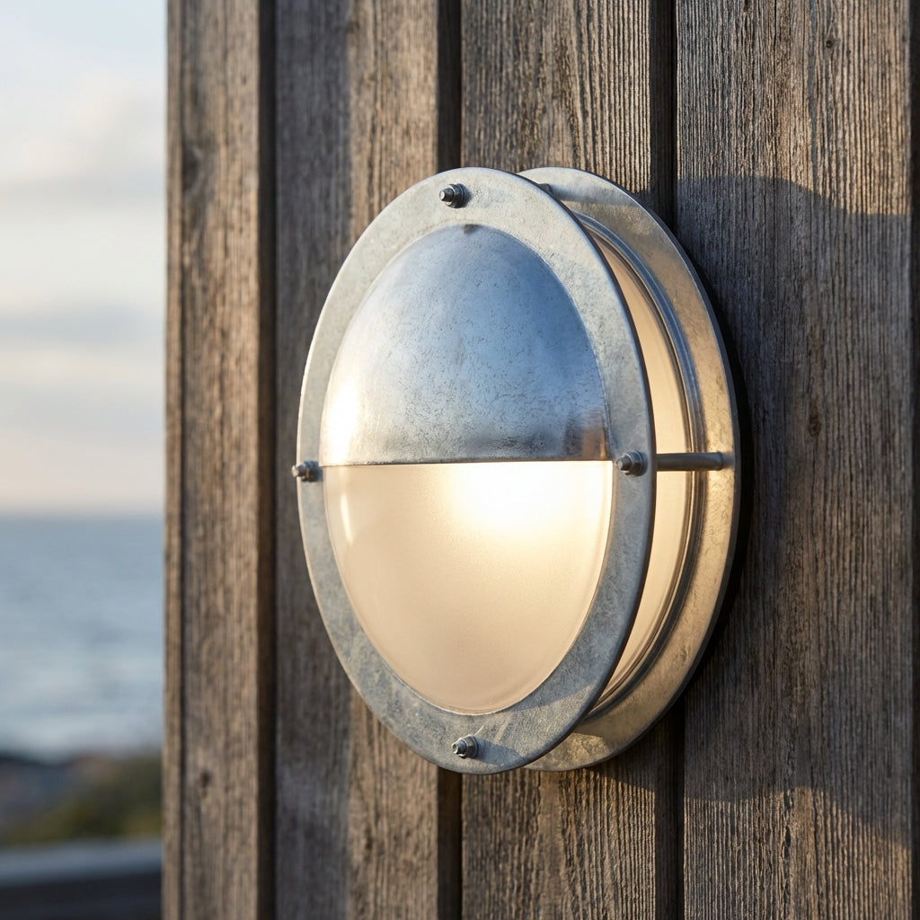 Round galvanized steel outdoor wall light fixture for porch. Weatherproof exterior garden lighting.