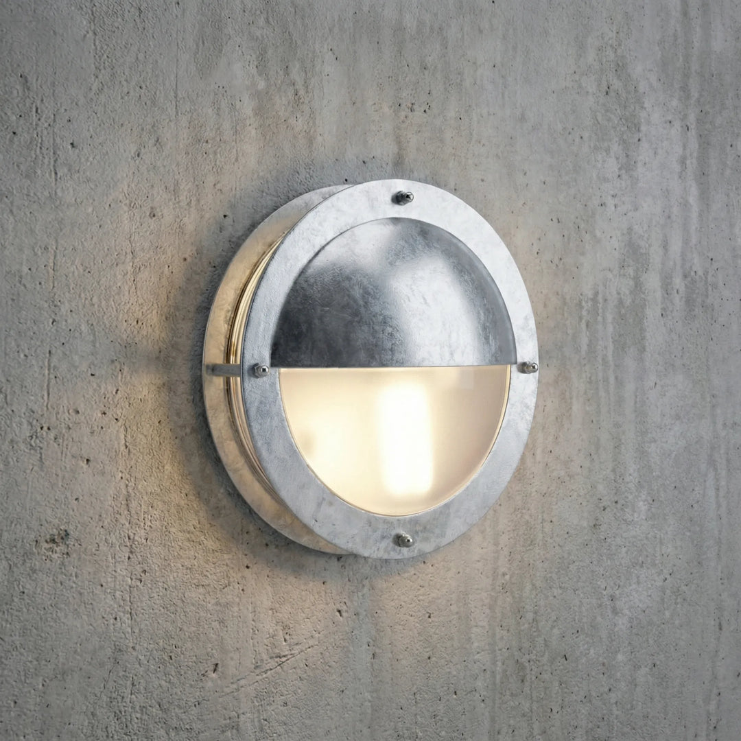 Marinova round galvanized outdoor wall light. Dimmable, weatherproof exterior lighting for porch & garden.