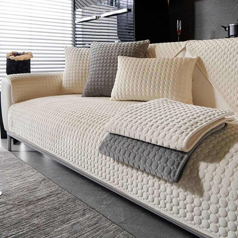 Round quilted suede couch cover in beige, moisture-absorbent for sofa protection