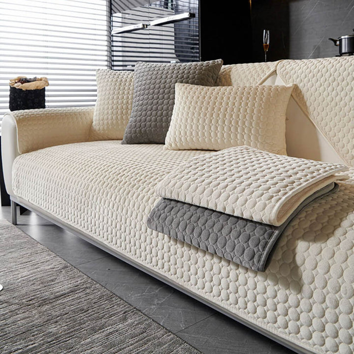 Round quilted suede couch cover in beige, moisture-absorbent for sofa protection