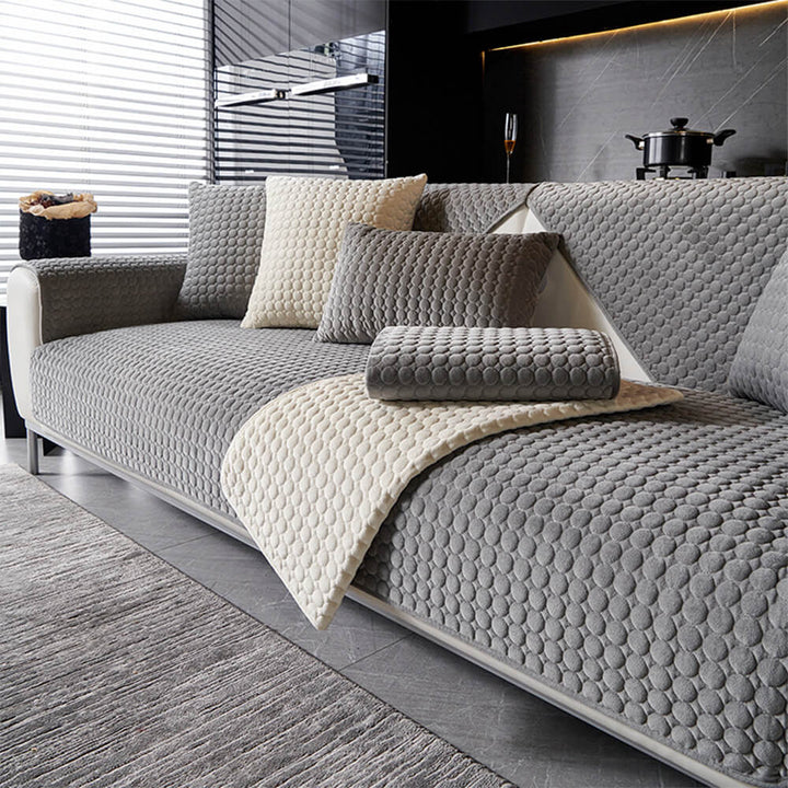Round quilted suede sofa protector in dark brown, moisture-absorbent, non-slip design