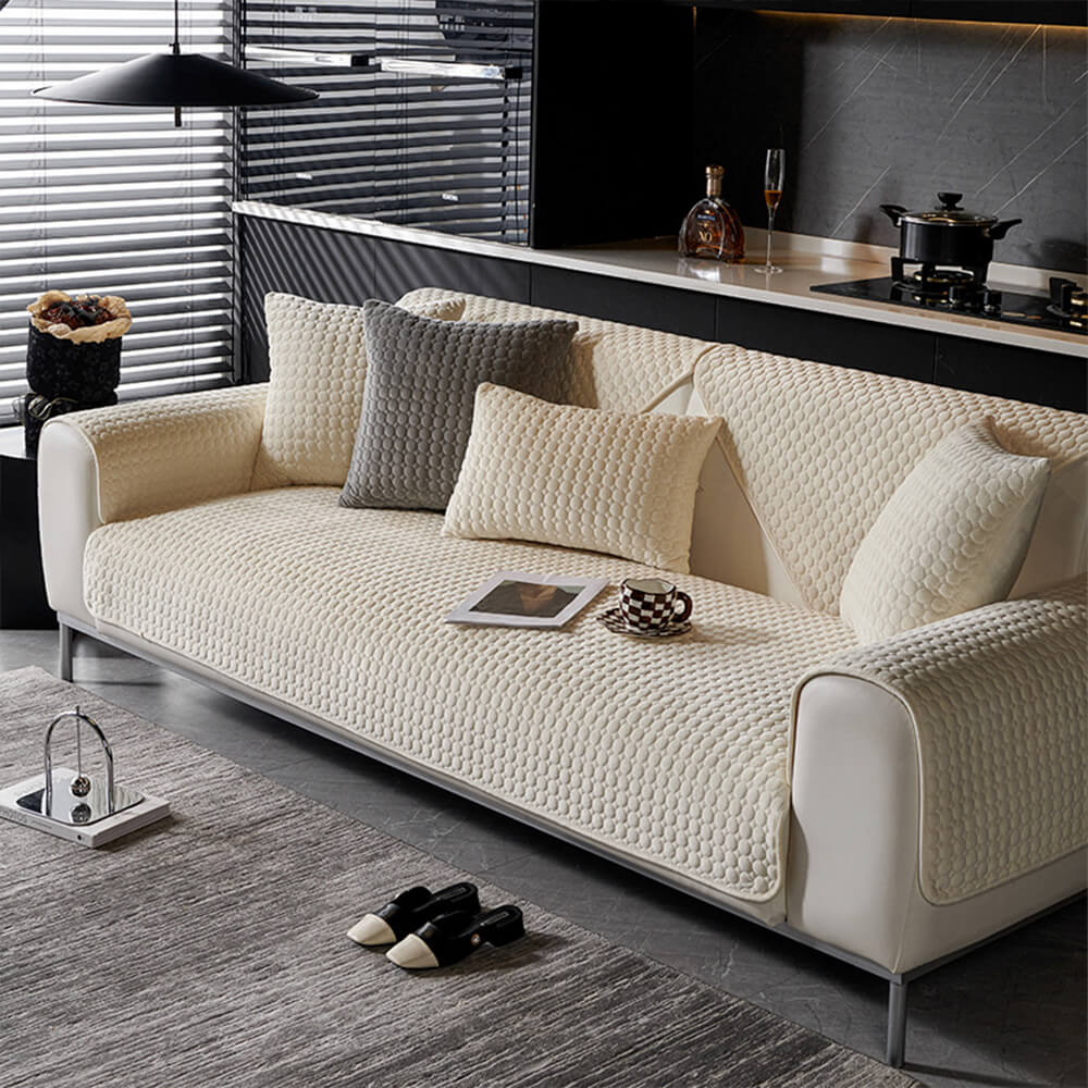 Elegant round quilted suede furniture protection, plush feel, non-slip couch cover