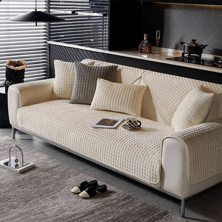 Elegant round quilted suede furniture protection, plush feel, non-slip couch cover