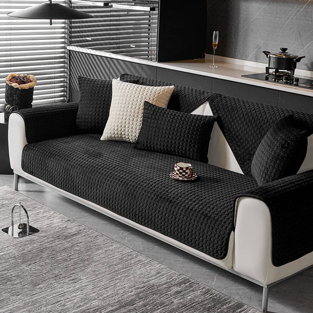 Stylish round quilted suede couch cover in grey, non-slip and moisture-absorbent