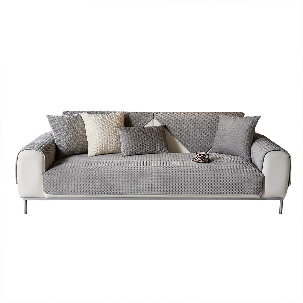 Luxurious round suede couch cover, quilted texture, non-slip sofa protector feature