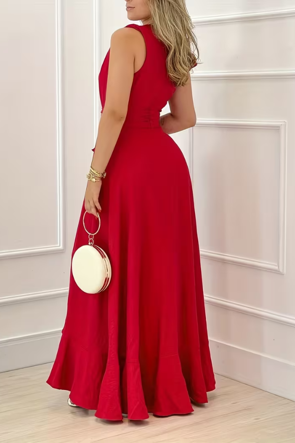 Elegant royal blue V-neck long dress for women, sleeveless, excellent for evening wear or special events.