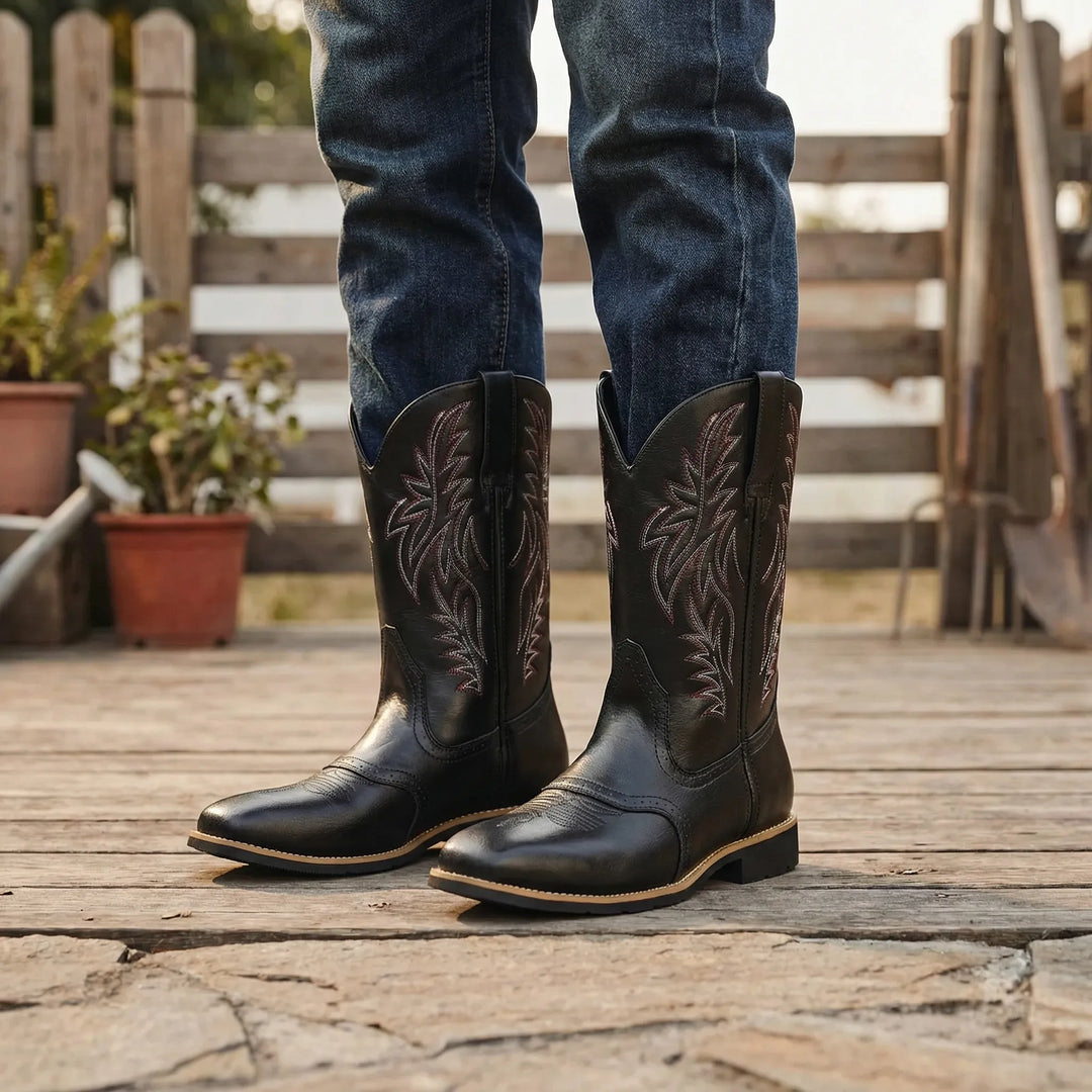 Rugged men's calf-length cowboy boots with intricate embroidery and block heel, perfect for western style.