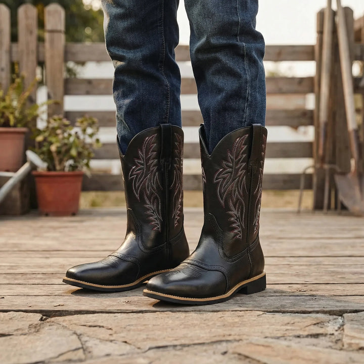 Rugged men's calf-length cowboy boots with intricate embroidery and block heel, perfect for western style.
