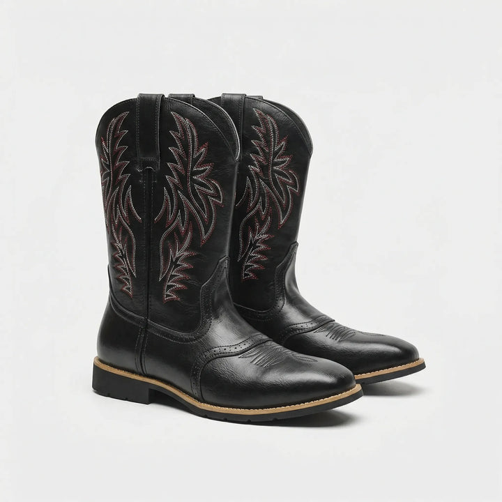 Durable men's western boots, calf-length, featuring a sturdy block heel and slip-on design for rugged style.