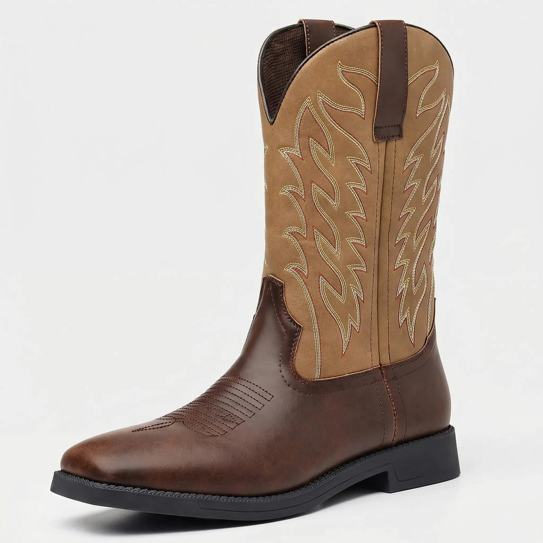 Embroidered men's western boots, calf-length, slip-on design, perfect for durable rugged country style.